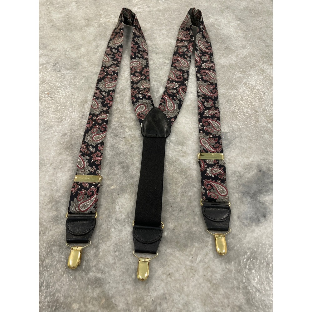 Paisley Suspenders Mens Clip Braces Blue Red Black Leather Preppy Formal